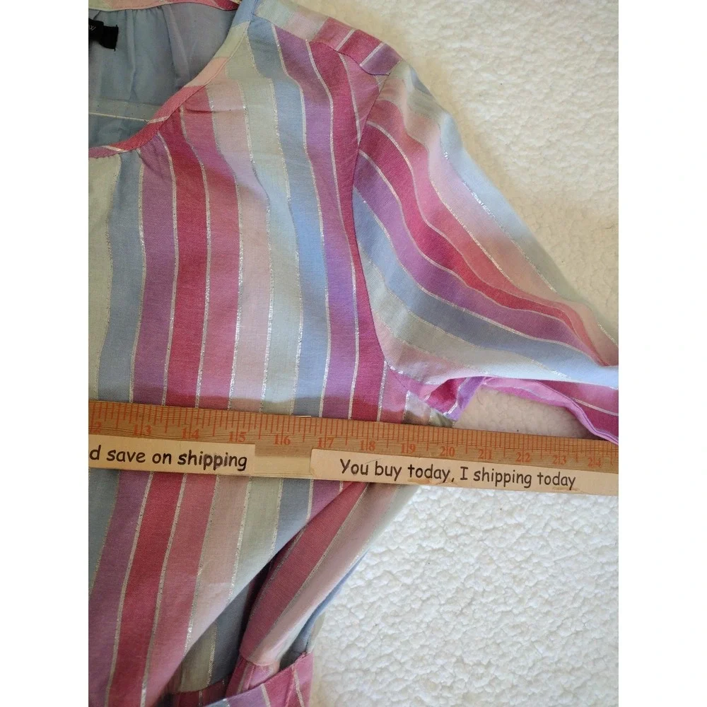 J. CREW Dress‎ Woman M PINK/ Silver Striped Belted Ruffled Long Sleeve Lined